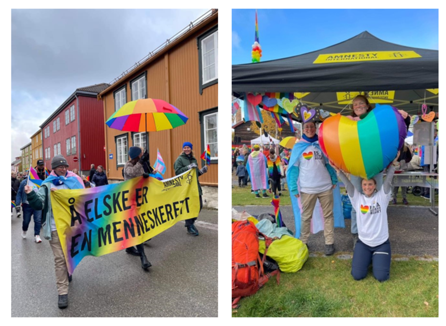 Bilde 1: Pride-tog med ballonger og tre personer holder banner. Bilde 2: En gruppe mennesker holder en hjerteballong under Pride-feiring